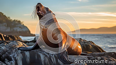 A sea lion striking a playful pose on a rock. AI Generative Stock Photo