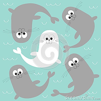 Sea lion. White harp seal pup. Cute cartoon character. Happy animal collection. Sea ocean water. Mother and baby family. Blue wave Vector Illustration