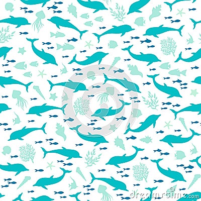 Sea marina pattern, silhuette of dolphins, seashells, seaweeds, fishes, seasters, corals Vector Illustration