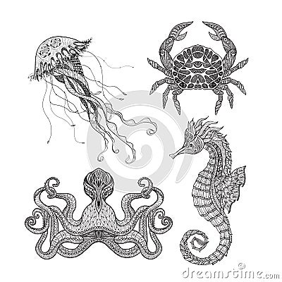 Sea marine doodle set Vector Illustration