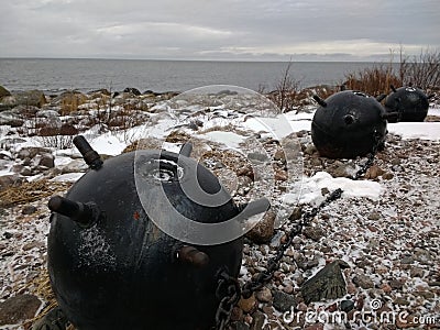 Sea mines on the shore of the Baltic Sea winter juminda peninsula in Estonia Tallinn Estland Stock Photo