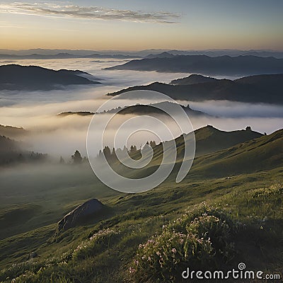 Sea of mist over the mountains in the morning. AI-Generated. Cartoon Illustration