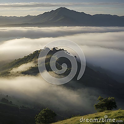 Sea of mist over the mountains in the morning. AI-Generated. Cartoon Illustration