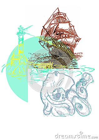 Sea monster attacks a ship with a pier in backgrounds. Cartoon Illustration