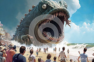 a sea monster bursting out of the ocean, its gigantic body towering over a beach full of terrified beachgoers. Stock Photo