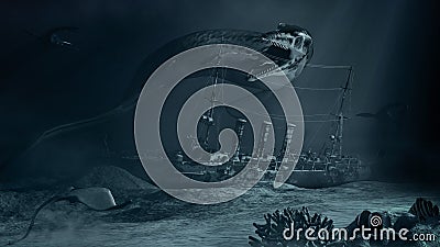 Sea monster and sunken ship Stock Photo