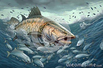 sea monster swimming past school of fish, displaying its grandness and power Stock Photo