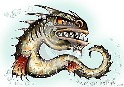 Sea monster water dragon fish mutant. Scary deep demon. Evil bloodthirsty character in Halloween. Color illustration. Cartoon Illustration