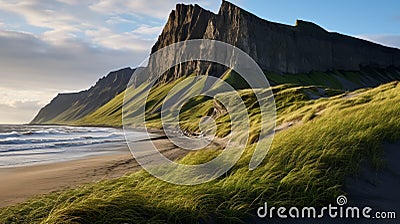 Green Grassy Field On Shore: Max Rive Style With C-mount Lens Stock Photo