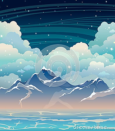Sea, mountains and clouds on a night sky Cartoon Illustration