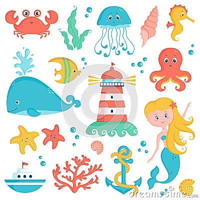 Sea and nautical illustration set. Cute vector collection Vector Illustration