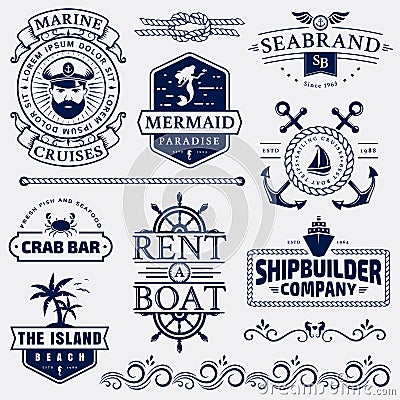 Sea and nautical logos and design elements. Vector Illustration