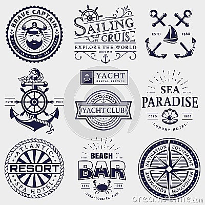 Sea and nautical logos isolated on white background. Vector Illustration