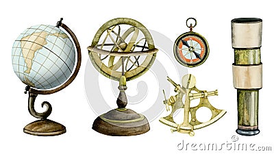 Sea nautical navigation instruments watercolor illustration set with astrolabe, globe, sextant, compass and spyglass Cartoon Illustration