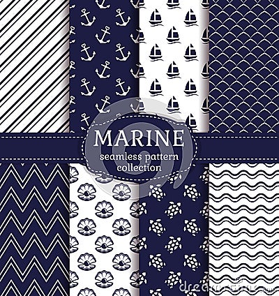 Sea and nautical seamless patterns set. Vector Illustration