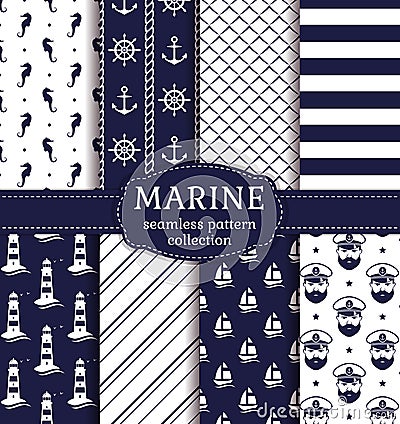 Sea and nautical seamless patterns set. Vector Illustration