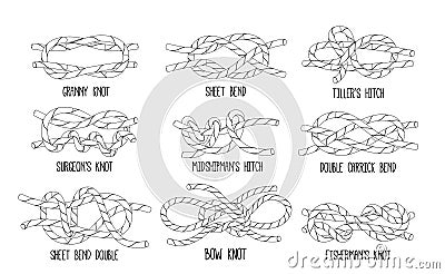 Sea Nodes Monochrome Outline Vector Icons Set. Granny, Fisherman, Surgeons or Bow Knot, Sheet or Double Carrick Bend Vector Illustration