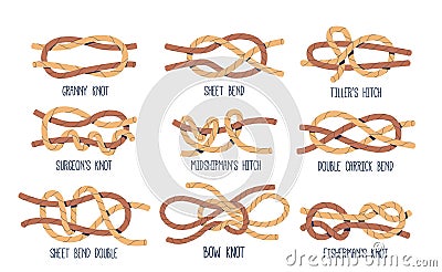 Sea Nodes Vector Set. Granny, Fisherman, Surgeons or Bow Knot, Sheet or Double Carrick Bend, Tillers or Midshipman Hitch Vector Illustration