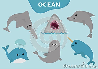 Sea ocean animal fauna icon set. Blue whale, sawshark, dolphin, narwhal, seal. Saw shark fish. Water inhabitant. Cute cartoon baby Vector Illustration