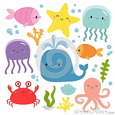Sea and ocean animal set. Fish, jellyfish, octopus, whale, crab, algae, seaweed, water bubble, shell, stone. Childish style. Vector Illustration