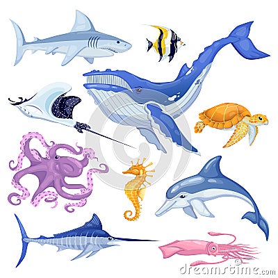 Sea and ocean animals set. Vector cartoon marine fish illustration, isolated on white background Vector Illustration