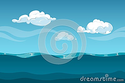 Sea or ocean cartoon landscape with sky and clouds. Seamless water waves background for computer game design Vector Illustration