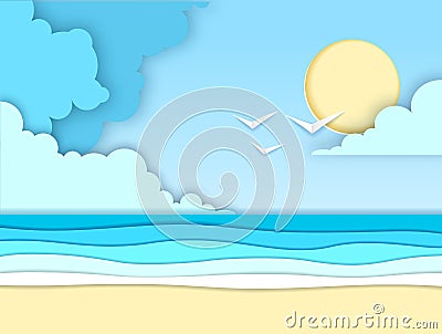 Sea or ocean landscape, sea beach cut out paper art style design Vector Illustration