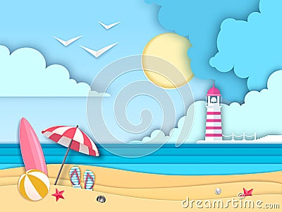 Sea or ocean landscape, sea beach with lighthouse cut out paper art style design Vector Illustration