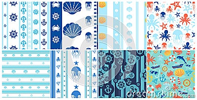 Sea And Ocean Seamless Patterns Set Vector Illustration