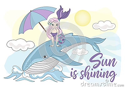 Sea Ocean Tropical Summer Vector Colorful Illustration WHALE MERMAID Vector Illustration