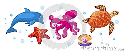 Sea and ocean underwater animals. Different sea animals fish of seafood collection dolphin, pearl clam, starfish, sea turtle Vector Illustration