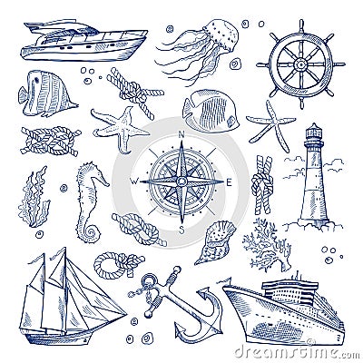 Sea or ocean underwater life with different animals and marine objects. Vector pictures in hand drawn style Vector Illustration