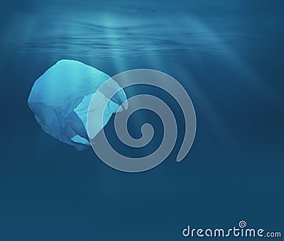 Sea or ocean underwater with plastic bag. Environment pollution ecological problem. Stock Photo