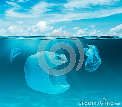 Sea or ocean underwater with plastic bags. Environment pollution ecological problem. Stock Photo