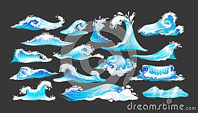 Sea ocean wave set. Blue water ocean waves, marine surf wave, ripples tides sea storm, tsunami, tidal different shapes Cartoon Illustration