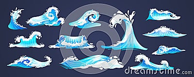 Sea ocean wave set. Blue water ocean waves, marine surf wave, ripples tides sea storm, tsunami, tidal different shapes Vector Illustration