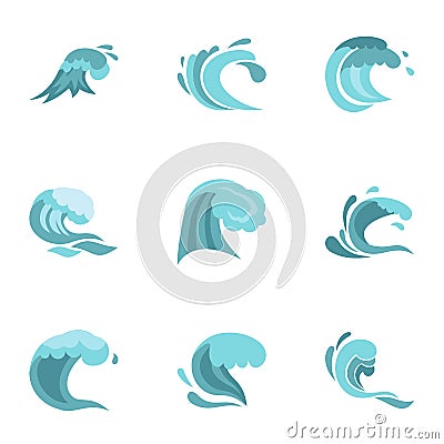 Sea or ocean waves icons set, flat style Vector Illustration