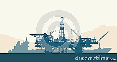 Sea oil drilling rig and tanker Vector Illustration
