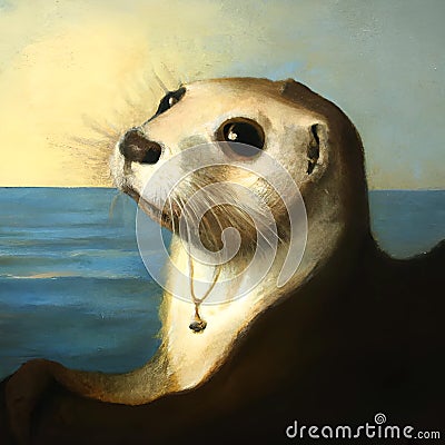 Sea otter with a pearl earring Johannes Vermeer style illustration Cartoon Illustration