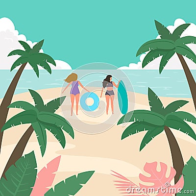 Sea panorama with palm trees and people Vector Illustration