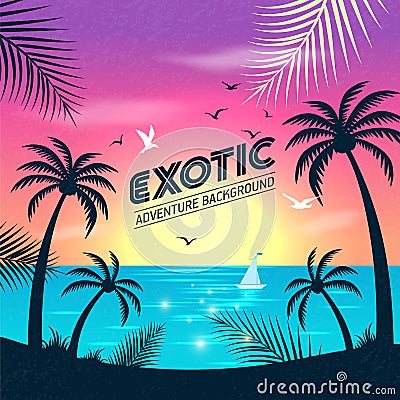 Sea panorama. Tropical beach. Vector background of sunset. Vector Illustration