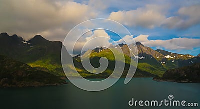 Sea panoramic view to higravfjorden and Tjorna lake , Austvagoy, Lofoten, Norway Stock Photo