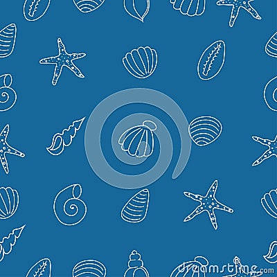 Seamless pettern with underwater elements, seashells, seaweed, corals and fish Vector Illustration