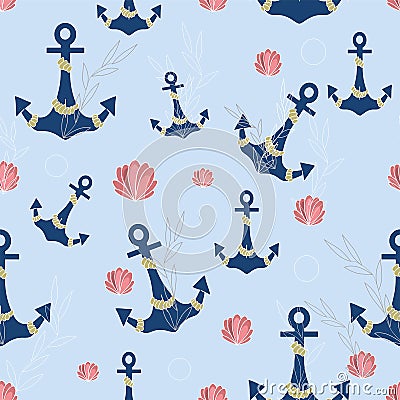 Vector seamless pattern with anchors and shells on the blue bakground Vector Illustration