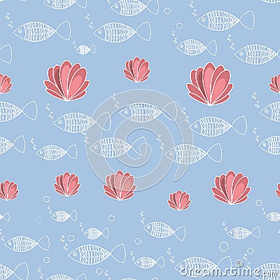 Vector seamless pattern fish and corals blue bakground Vector Illustration