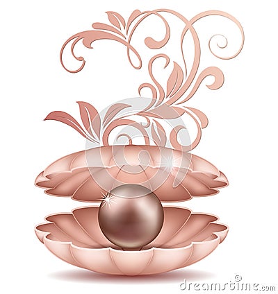 Sea Pearl in open shell. A large black and golden saltwater pearls in the shell with floral ornament illustration Vector Illustration