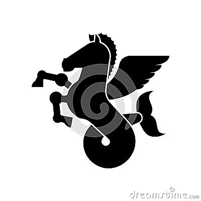 Sea Pegasus Heraldic animal Silhouette. Winged horse with fishtail. Hippocampus Fantastic Beast. Monster for coat of arms. Herald Vector Illustration