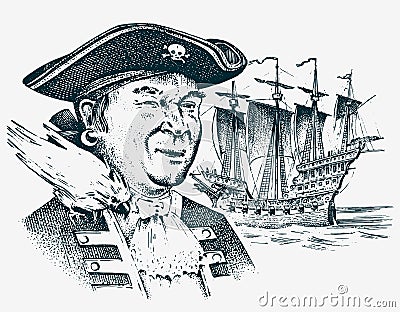 Sea Pirate. Portrait of the seaman hook against the background of sailboat. Marine sailor. Travel by ship or boat Vector Illustration