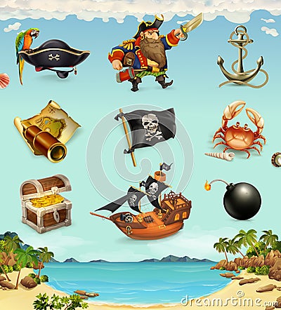 Sea pirates, funny character and objects Vector Illustration