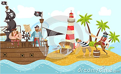 Sea pirates on piratical ship, buccaneers cartoon characters flat vector illustration with treasure island adventure. Vector Illustration